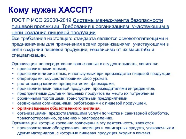 Кому нужен ХАССП? СИСТЕМА КАЧЕСТВА ГОСТ Р ИСО 22000-2019 Системы менеджмента безопасности