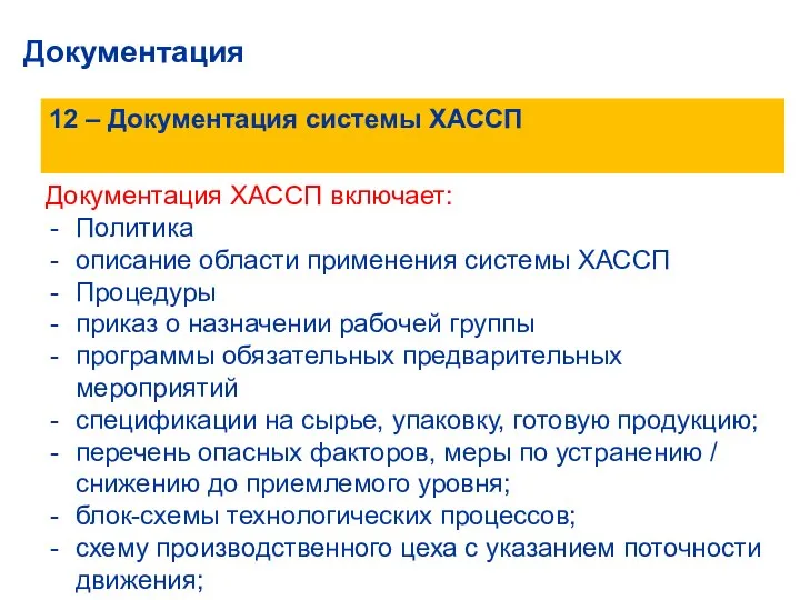 12 – Документация системы ХАССП Документация Документация ХАССП включает: Политика описание области