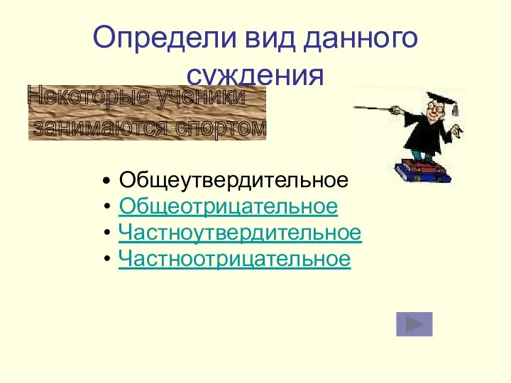 Определи вид данного суждения Общеутвердительное Общеотрицательное Частноутвердительное Частноотрицательное Некоторые ученики занимаются спортом