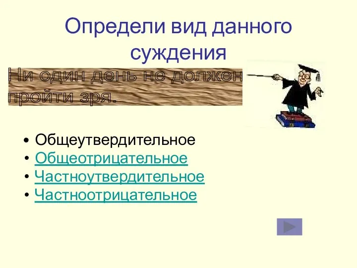 Определи вид данного суждения Общеутвердительное Общеотрицательное Частноутвердительное Частноотрицательное Ни один день не должен пройти зря.