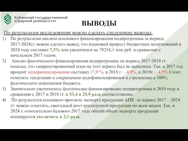 ВЫВОДЫ По результатам исследования можно сделать следующие выводы: По результатам анализа планового