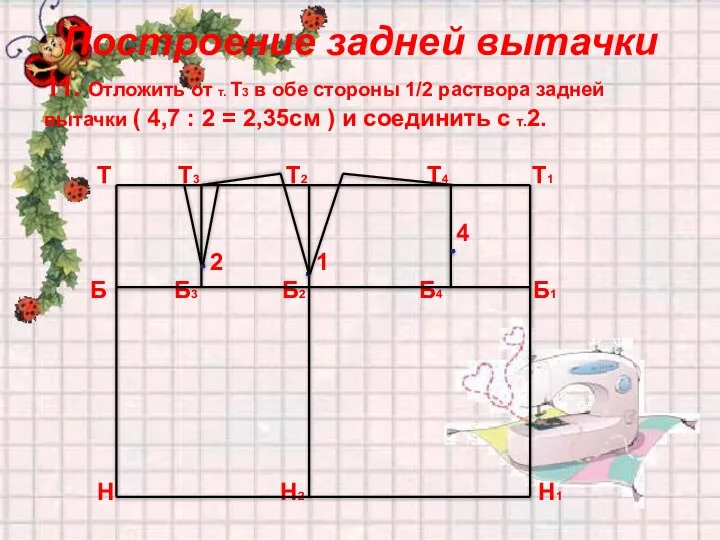 Построение задней вытачки 11. Отложить от т. Т3 в обе стороны 1/2