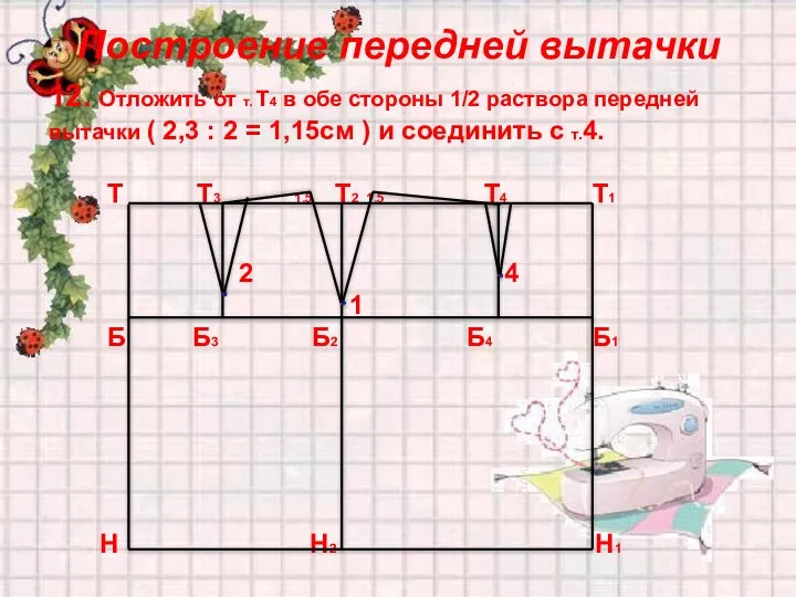 Построение передней вытачки 12. Отложить от т. Т4 в обе стороны 1/2