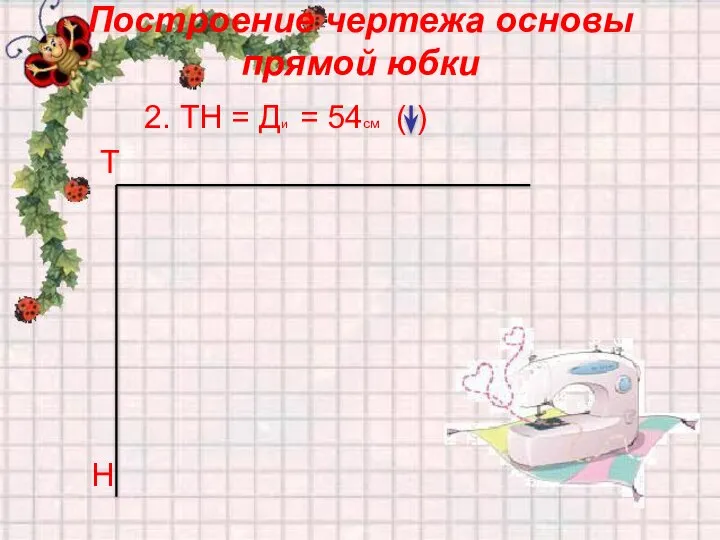 Построение чертежа основы прямой юбки 2. ТН = Ди = 54см ( ) Т Н