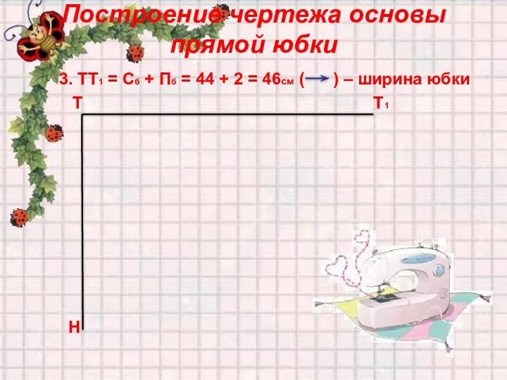 Построение чертежа основы прямой юбки 3. ТТ1 = Сб + Пб =