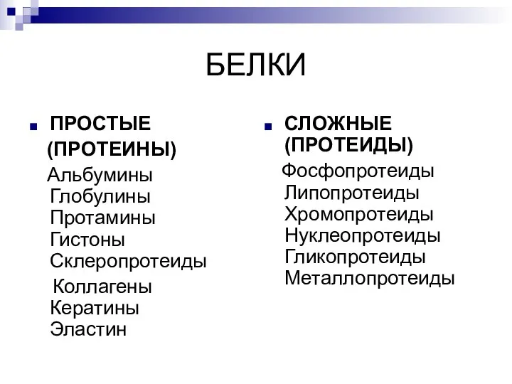 БЕЛКИ ПРОСТЫЕ (ПРОТЕИНЫ) Альбумины Глобулины Протамины Гистоны Склеропротеиды Коллагены Кератины Эластин СЛОЖНЫЕ