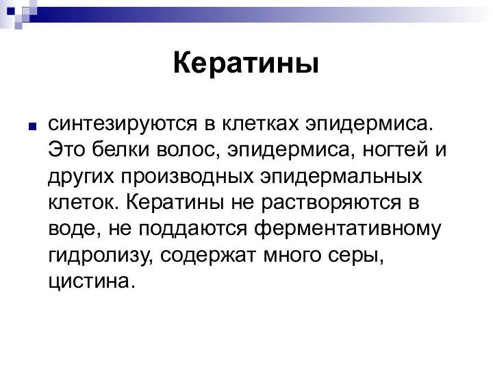 Кератины синтезируются в клетках эпидермиса. Это белки волос, эпидермиса, ногтей и других