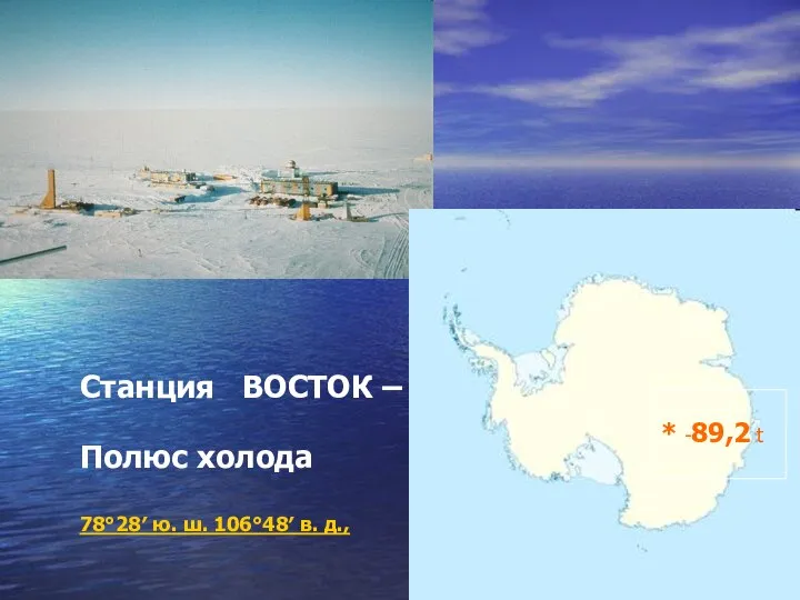 * -89,2 t Станция ВОСТОК – Полюс холода 78°28′ ю. ш. 106°48′ в. д.,