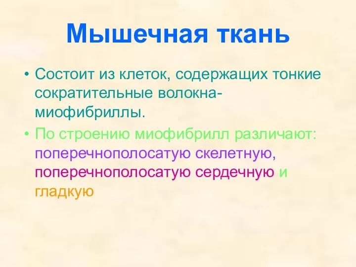 Мышечная ткань Состоит из клеток, содержащих тонкие сократительные волокна- миофибриллы. По строению