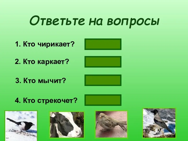 Ответьте на вопросы 1. Кто чирикает? 2. Кто каркает? 3. Кто мычит?