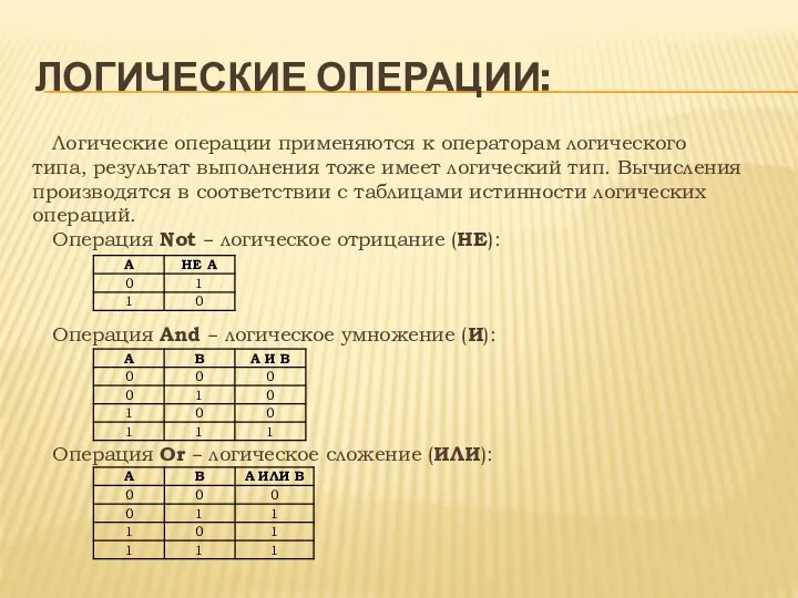 ЛОГИЧЕСКИЕ ОПЕРАЦИИ: Логические операции применяются к операторам логического типа, результат выполнения тоже