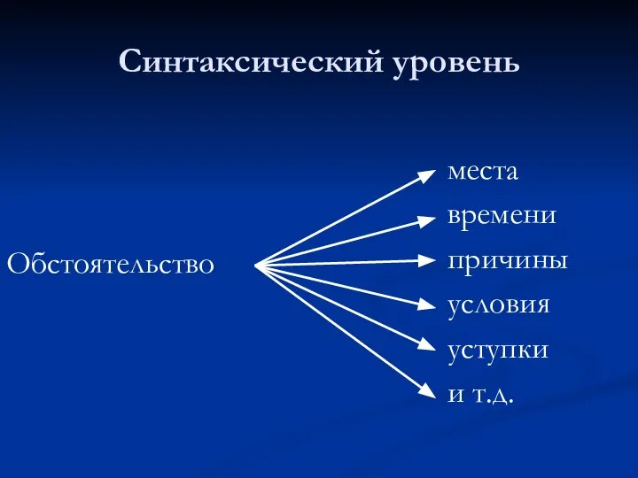 Синтаксический уровень места времени причины условия уступки и т.д. Обстоятельство