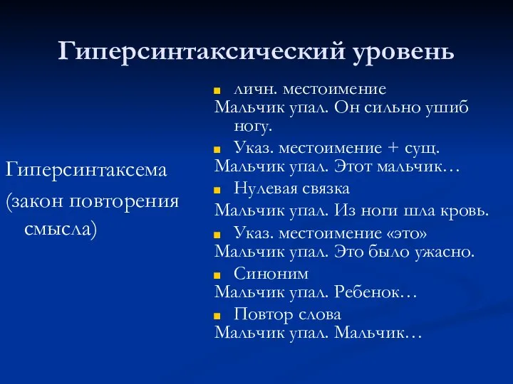 Гиперсинтаксический уровень личн. местоимение Мальчик упал. Он сильно ушиб ногу. Указ. местоимение