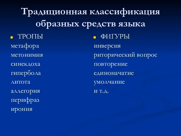 Традиционная классификация образных средств языка ТРОПЫ метафора метонимия синекдоха гипербола литота аллегория