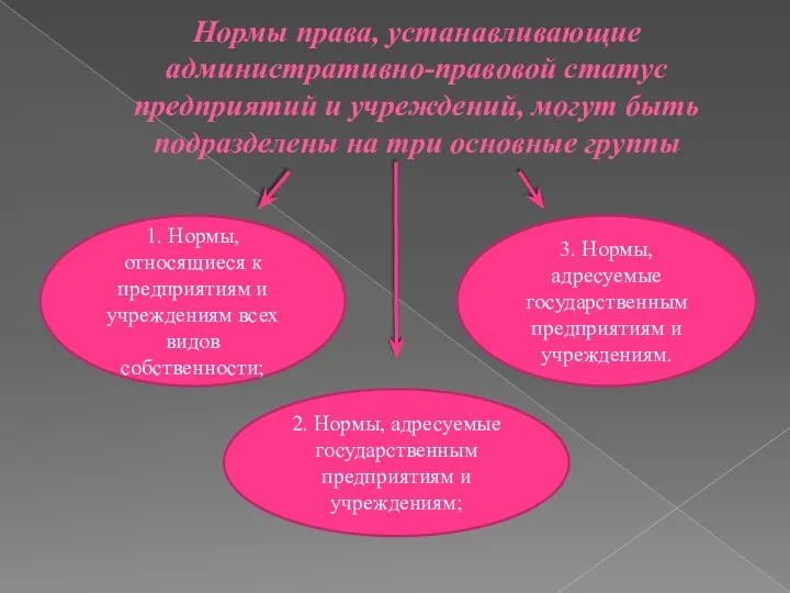 Нормы права, устанавливающие административно-правовой статус предприятий и учреждений, могут быть подразделены на