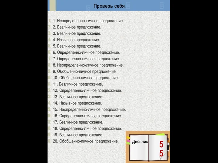 Проверь себя. 1. Неопределенно-личное предложение. 2. Безличное предложение. 3. Безличное предложение. 4.