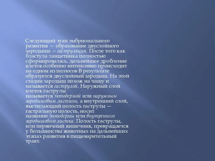 Следующий этап эмбрионального развития — образование двуслойного зародыша —гаструляция. После того как