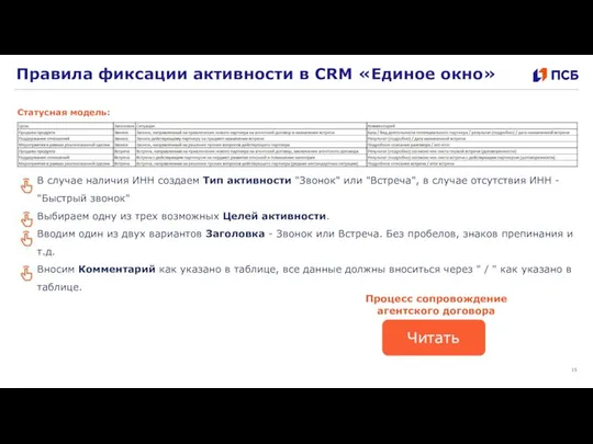 Правила фиксации активности в CRM «Единое окно» Статусная модель: В случае наличия