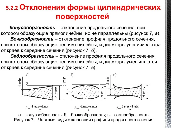 5.2.2 Отклонения формы цилиндрических поверхностей Конусообразность – отклонение продольного сечения, при котором