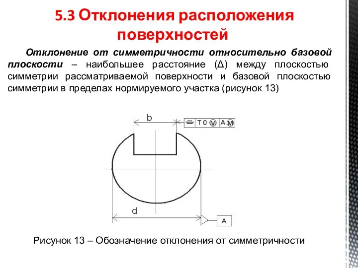 5.3 Отклонения расположения поверхностей Отклонение от симметричности относительно базовой плоскости – наибольшее