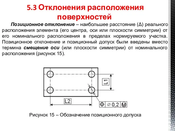 5.3 Отклонения расположения поверхностей Позиционное отклонение – наибольшее расстояние (Δ) реального расположения