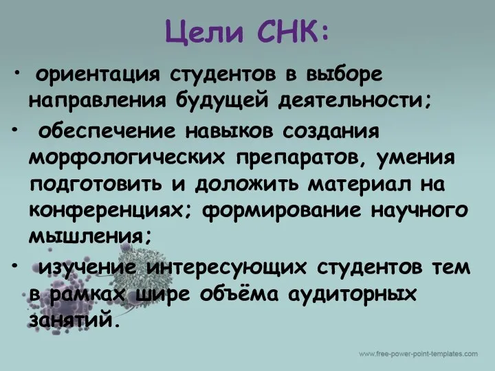 Цели СНК: ориентация студентов в выборе направления будущей деятельности; обеспечение навыков создания