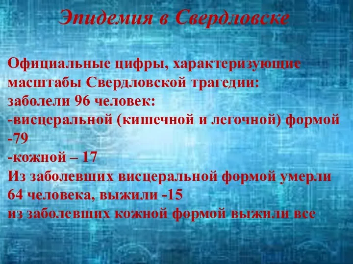 Эпидемия в Свердловске Официальные цифры, характеризующие масштабы Свердловской трагедии: заболели 96 человек: