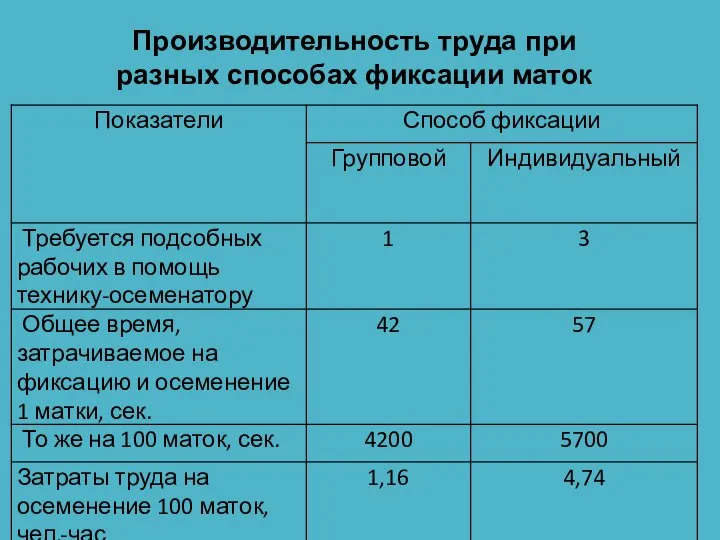 Производительность труда при разных способах фиксации маток