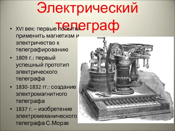 Электрический телеграф XVI век: первые попытки применить магнетизм и электричество к телеграфированию