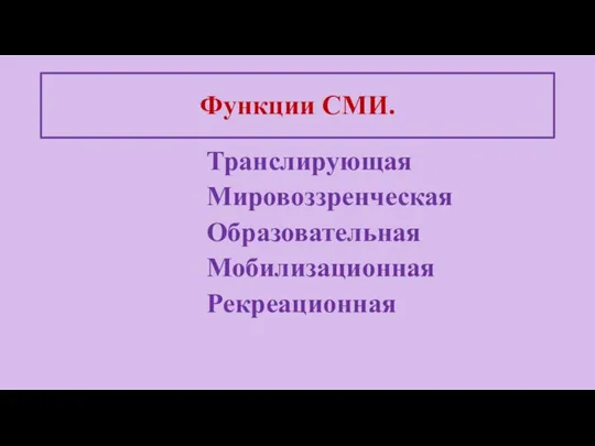 Транслирующая Мировоззренческая Образовательная Мобилизационная Рекреационная Функции СМИ.