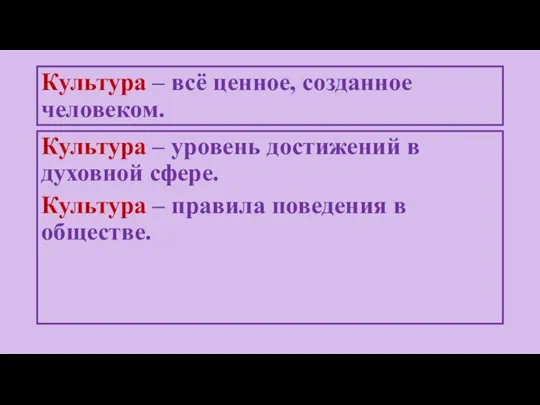 Культура – всё ценное, созданное человеком. Культура – уровень достижений в духовной