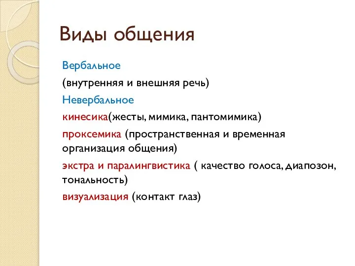 Виды общения Вербальное (внутренняя и внешняя речь) Невербальное кинесика(жесты, мимика, пантомимика) проксемика