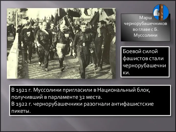 Марш чернорубашечников во главе с Б.Муссолини Боевой силой фашистов стали чернорубашечники. В