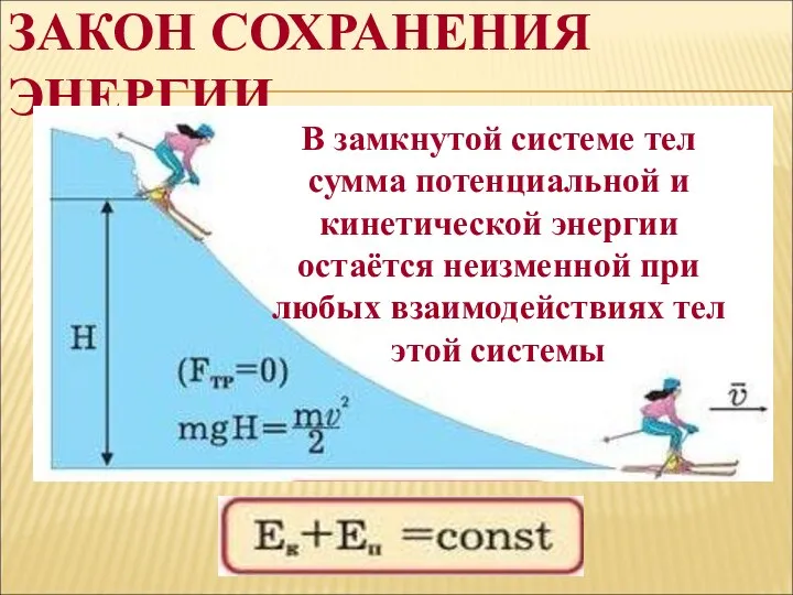 ЗАКОН СОХРАНЕНИЯ ЭНЕРГИИ В замкнутой системе тел сумма потенциальной и кинетической энергии