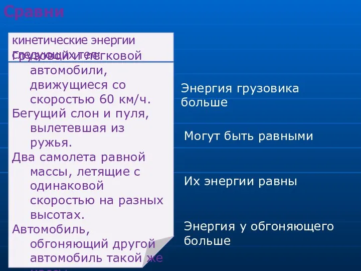 кинетические энергии следующих тел: Грузовой и легковой автомобили, движущиеся со скоростью 60