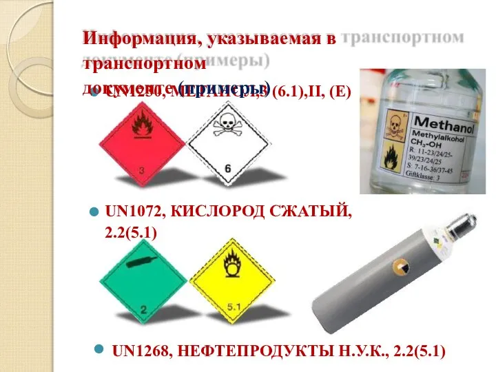 ⚫ UN1230, МЕТАНОЛ,3 (6.1),II, (Е) ⚫ UN1072, КИСЛОРОД СЖАТЫЙ, 2.2(5.1) Информация, указываемая