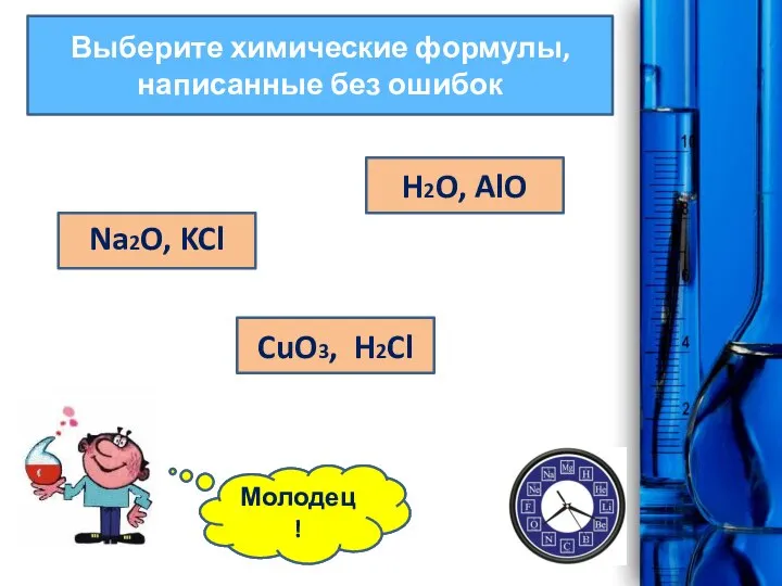 Выберите химические формулы, написанные без ошибок H2O, AlO CuO3, H2Cl Ошибка! Na2O, KCl Молодец!