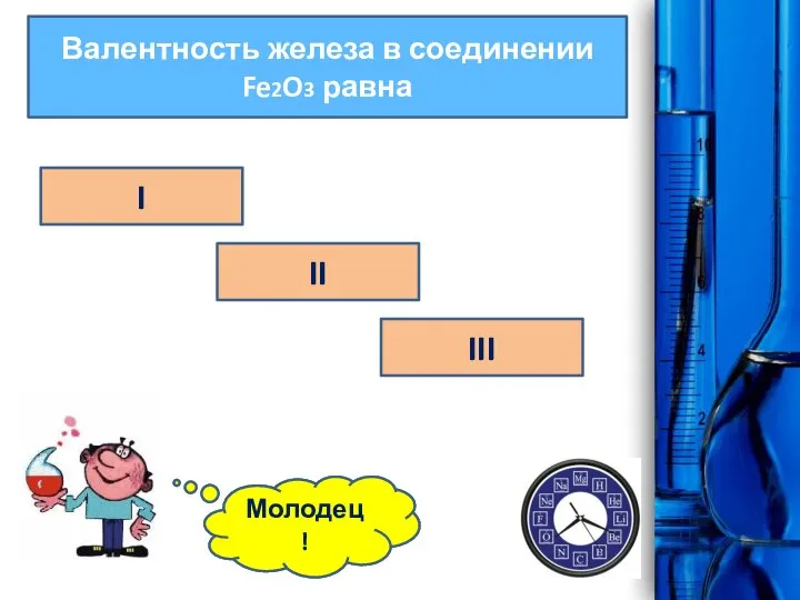 Валентность железа в соединении Fe2O3 равна I II Ошибка! III Молодец!