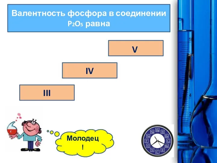 Валентность фосфора в соединении P2O5 равна IV III Ошибка! V Молодец!