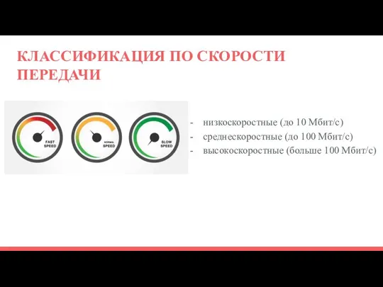 КЛАССИФИКАЦИЯ ПО СКОРОСТИ ПЕРЕДАЧИ низкоскоростные (до 10 Мбит/с) среднескоростные (до 100 Мбит/с) высокоскоростные (больше 100 Мбит/с)