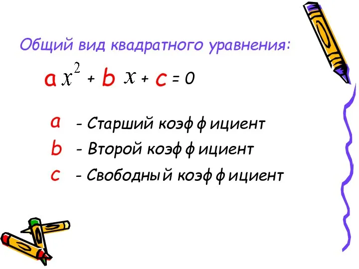 Общий вид квадратного уравнения: + b + с = 0 а -