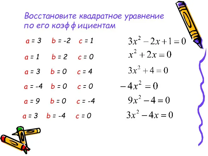 Восстановите квадратное уравнение по его коэффициентам а = 3 b = -2
