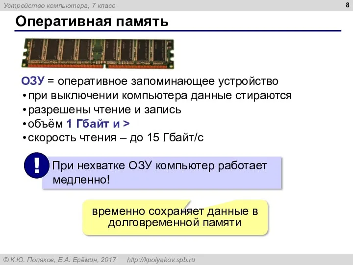 Оперативная память ОЗУ = оперативное запоминающее устройство при выключении компьютера данные стираются