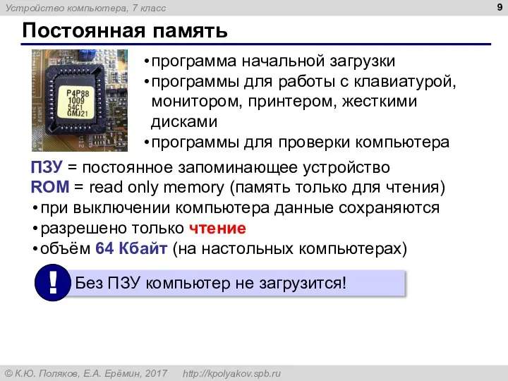 Постоянная память ПЗУ = постоянное запоминающее устройство ROM = read only memory