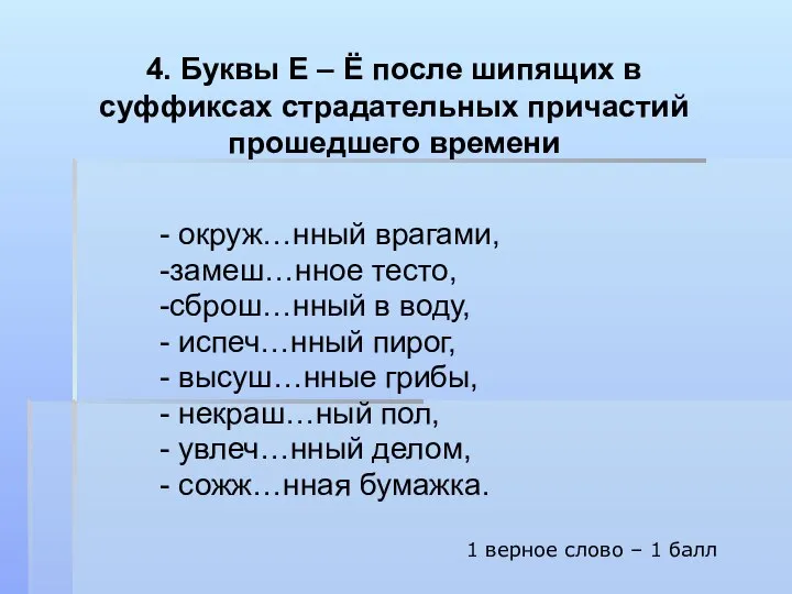 4. Буквы Е – Ё после шипящих в суффиксах страдательных причастий прошедшего