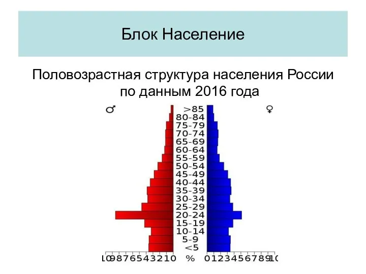 Половозрастная структура населения России по данным 2016 года Блок Население