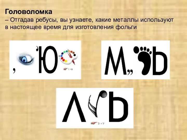 Головоломка – Отгадав ребусы, вы узнаете, какие металлы используют в настоящее время для изготовления фольги