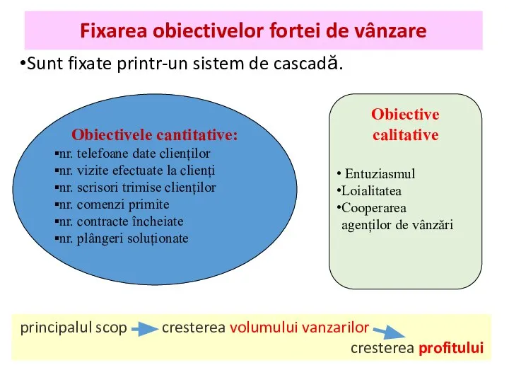 Fixarea obiectivelor fortei de vânzare Sunt fixate printr-un sistem de cascadă. Obiectivele