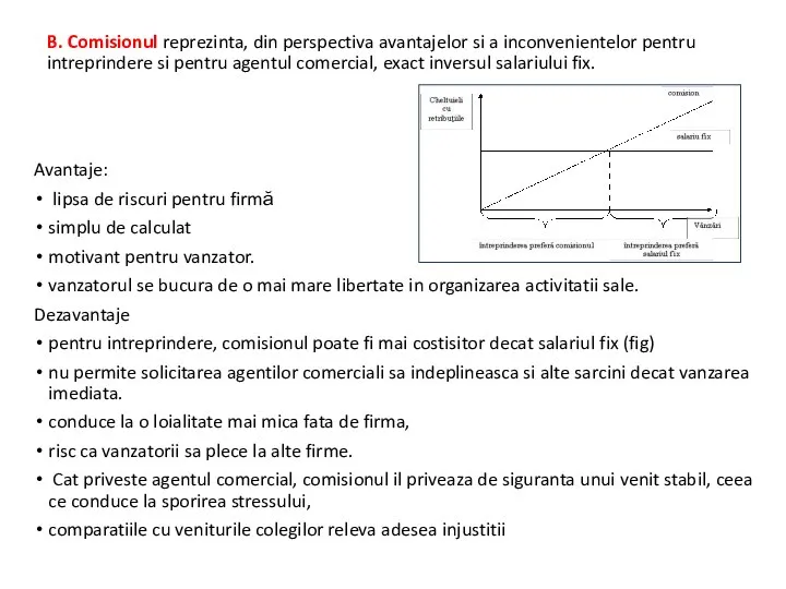 B. Comisionul reprezinta, din perspectiva avantajelor si a inconvenientelor pentru intreprindere si