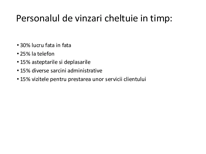 Personalul de vinzari cheltuie in timp: 30% lucru fata in fata 25%